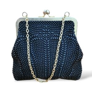 Vintage 1950s Black Beaded Evening Bag | Kiss Lock Frame Purse